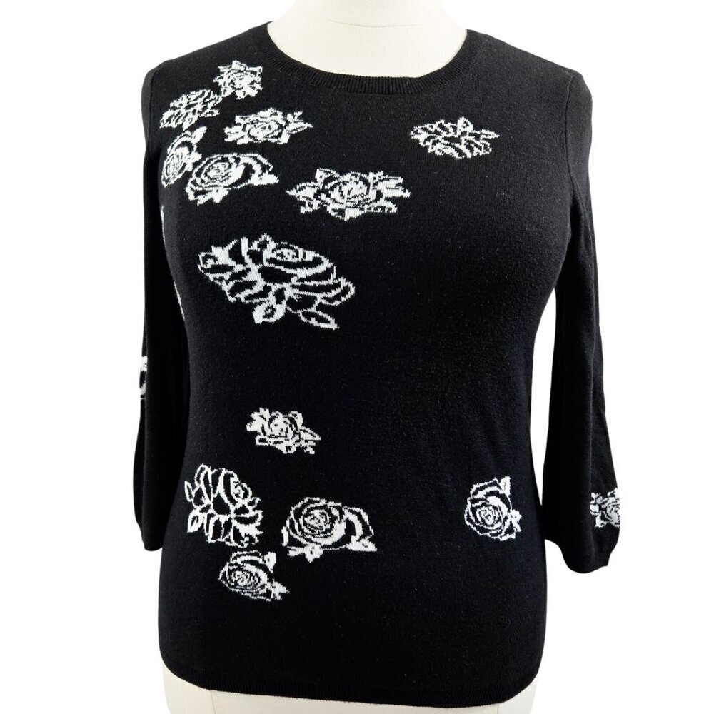 Ann Taylor Black White Dark Floral Rose Knit Sweater Romantic Stretch
